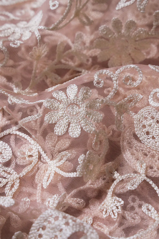 AIzaSyBcstauz-XMPRhEY21AUzeo032pxrXB5Ug - 1.25 Meter Cut Piece Of White Thread Work Floral Embroidery On Pink Soft Net Fabric