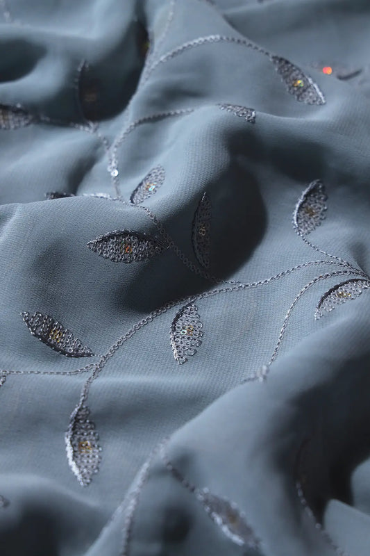 AIzaSyBcstauz-XMPRhEY21AUzeo032pxrXB5Ug - 2 Meter Cut Piece Of Rainbow Sequins Leafy Embroidery On Grey Georgette Fabric