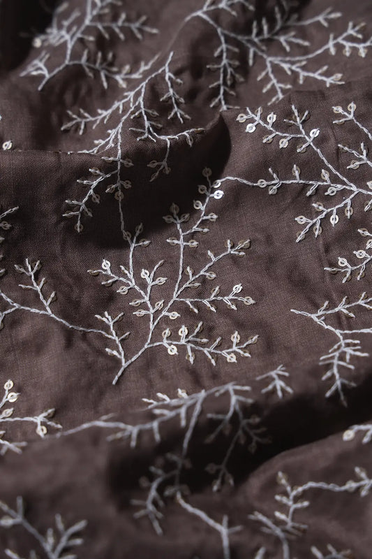 AIzaSyBcstauz-XMPRhEY21AUzeo032pxrXB5Ug - 1.70 Meter Cut Piece Of White Thread With Gold Sequins Leafy Embroidery On Light Brown Muslin Silk Fabric