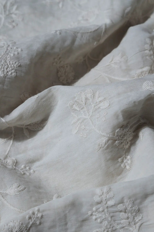 AIzaSyBcstauz-XMPRhEY21AUzeo032pxrXB5Ug - 4.25 Meter Cut Piece Of White Thread Floral Embroidery Work On Off White Cotton Fabric