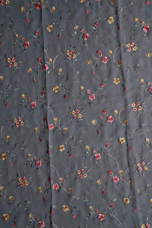 AIzaSyBcstauz-XMPRhEY21AUzeo032pxrXB5Ug - 1 Meter Cut Piece Of Multi Thread Work Floral Embroidery On Grey Georgette Fabric
