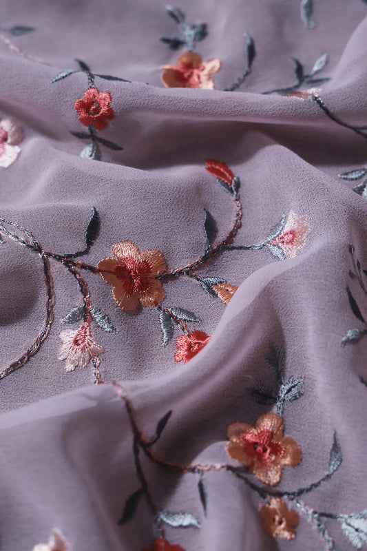 AIzaSyBcstauz-XMPRhEY21AUzeo032pxrXB5Ug - 1 Meter Cut Piece Of Multi Thread Work Floral Embroidery On Baby Pink Georgette Fabric