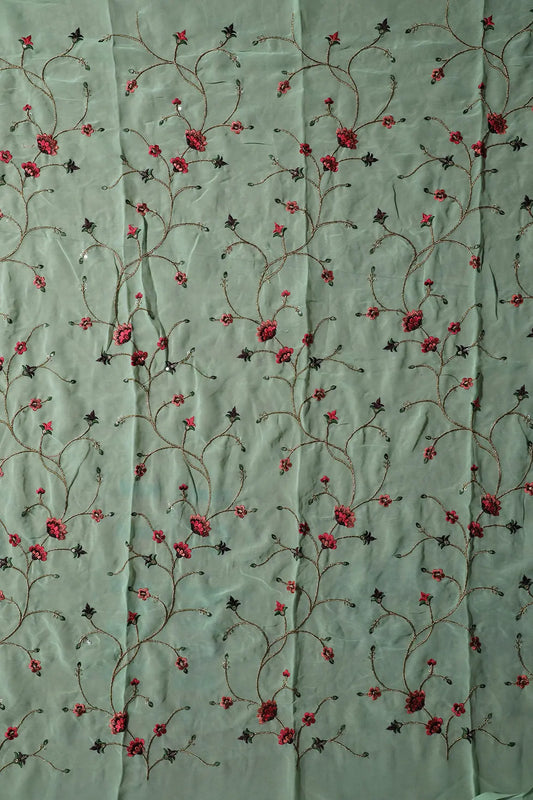 AIzaSyBcstauz-XMPRhEY21AUzeo032pxrXB5Ug - 0.85 Meter Cut Piece Of Gold Sequins With Thread Work Floral Embroidery On Pista Green Georgette Fabric