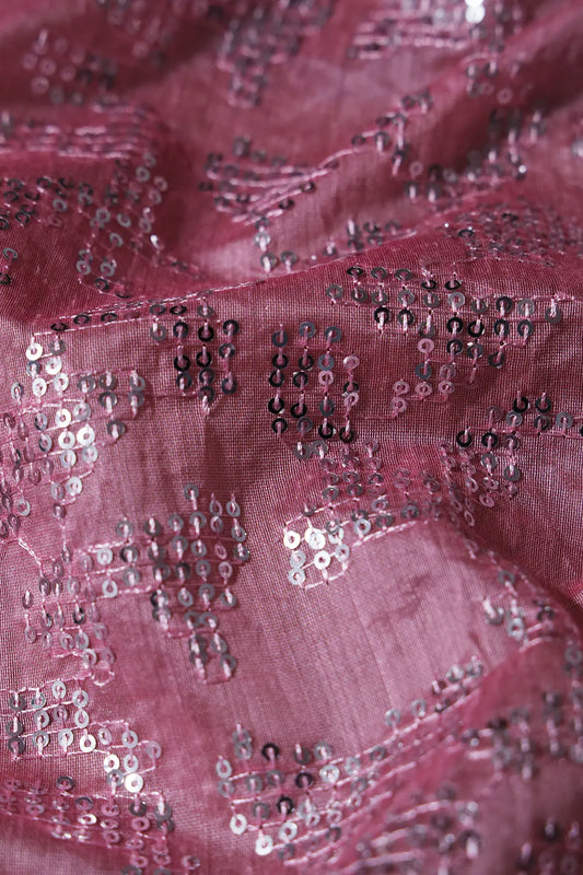 AIzaSyBcstauz-XMPRhEY21AUzeo032pxrXB5Ug - 1.40 Meter Cut Piece Of Silver Sequins Abstract Embroidery Work On Pink Chanderi Fabric