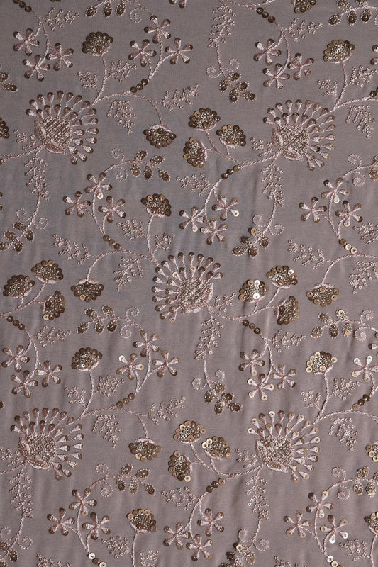 AIzaSyBcstauz-XMPRhEY21AUzeo032pxrXB5Ug - 0.90 Meter Cut Piece Of Peach Thread With Gold Sequins Floral Embroidery On Light Peach Georgette Fabric