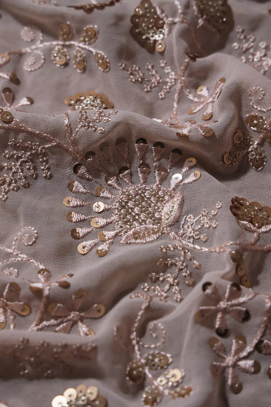 AIzaSyBcstauz-XMPRhEY21AUzeo032pxrXB5Ug - 0.90 Meter Cut Piece Of Peach Thread With Gold Sequins Floral Embroidery On Light Peach Georgette Fabric