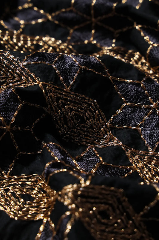 AIzaSyBcstauz-XMPRhEY21AUzeo032pxrXB5Ug - 0.75 Meter Cut Piece Of Gold Zari Geometric Embroidery Work On Black Cotton Fabric