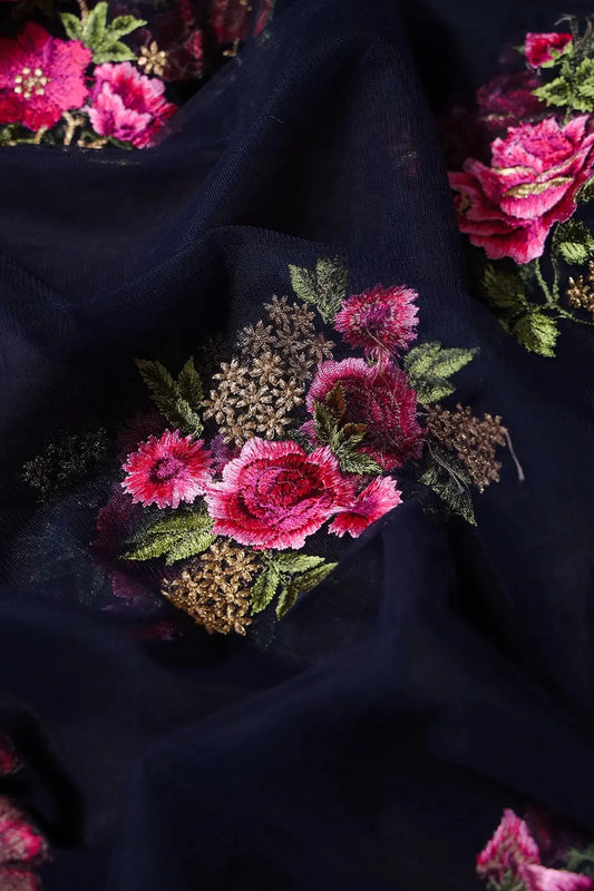 AIzaSyBcstauz-XMPRhEY21AUzeo032pxrXB5Ug - 4.25 Meter Cut Piece Of Pink And Olive Thread With Gold Zari Floral Embroidery On Navy Blue Soft Net Fabric