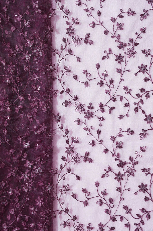 AIzaSyBcstauz-XMPRhEY21AUzeo032pxrXB5Ug - 5.50 Meter Cut Piece Of Wine Thread With Gold Sequins Small Leafy Embroidery On Wine Soft Net Fabric