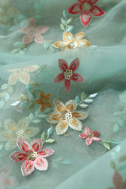 AIzaSyBcstauz-XMPRhEY21AUzeo032pxrXB5Ug - 5.75 Meter Cut Piece Of Pink And Brown Thread With Gold Sequins Floral Embroidery On Olive Soft Net Fabric