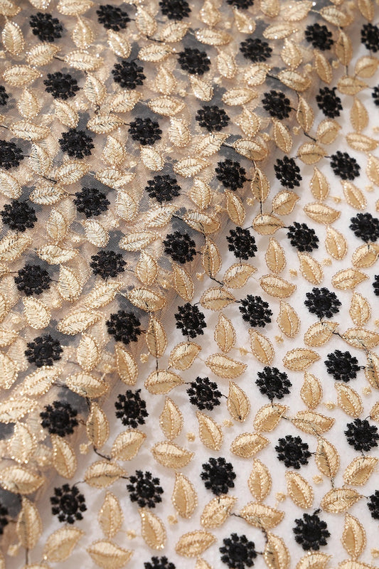 AIzaSyBcstauz-XMPRhEY21AUzeo032pxrXB5Ug - 6 Meter Cut Piece Of Black And Beige Thread With Gold Sequins Floral Embroidery On Beige Soft Net Fabric