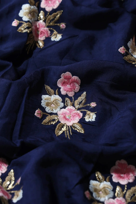 AIzaSyBcstauz-XMPRhEY21AUzeo032pxrXB5Ug - 6.25 Meter Cut Piece Of Pink And Beige Thread With Gold Sequins Floral Embroidery On Navy Blue Muslin Silk Fabric
