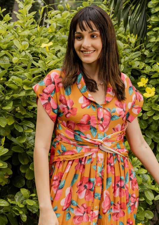 Plumeria Floral Mustard Long Crepe Dress