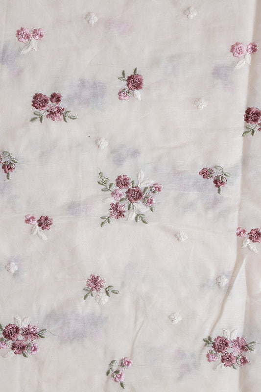 Mauve And Olive Thread Beautiful Floral Embroidery On Off White Organic Cotton Fabric