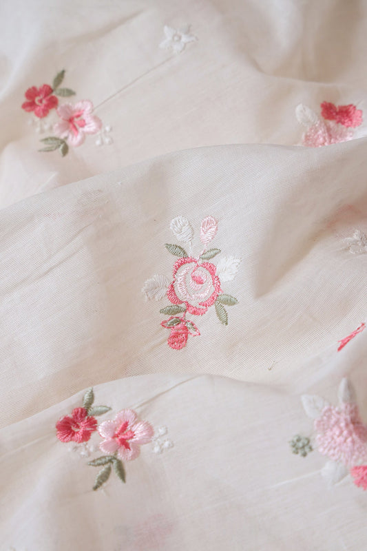 Pink And Olive Thread Small Floral Embroidery On Off White Organic Cotton Fabric