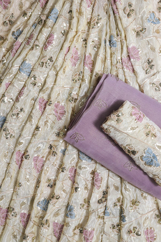 White Beads With FLoral Embroidery Unstitched Lehenga Set Fabric (3 Piece)