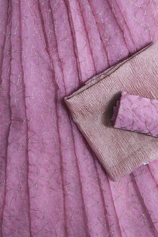 AIzaSyBcstauz-XMPRhEY21AUzeo032pxrXB5Ug - Cut dana Beads On Gajri Pink Organza Unstitched Lehenga Set Fabric (3 Piece)