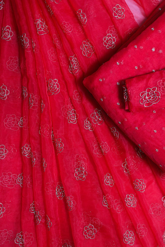 AIzaSyBcstauz-XMPRhEY21AUzeo032pxrXB5Ug - Floral Embroidery Red Organza Unstitched Lehenga Set Fabric (3 Piece)