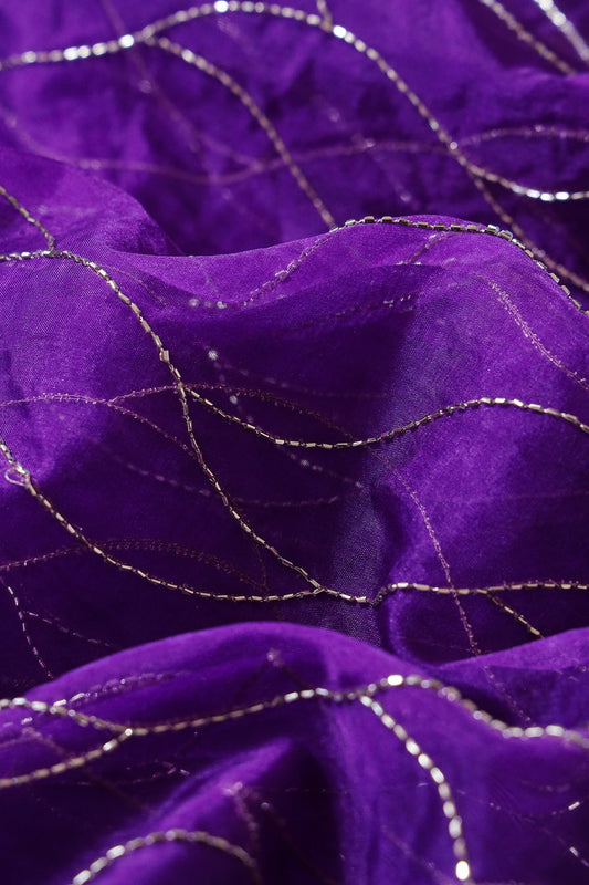 AIzaSyBcstauz-XMPRhEY21AUzeo032pxrXB5Ug - Cut Dana Beads Wonderful Wavy Embroidery On Purple Organza Fabric