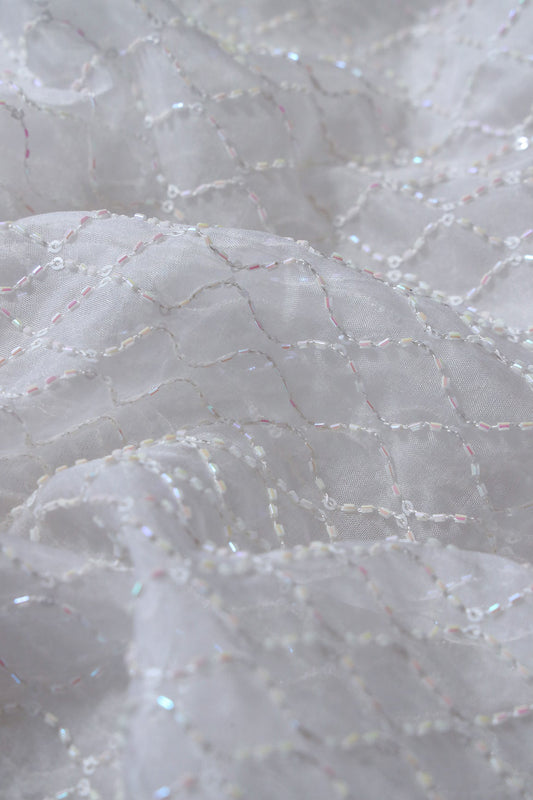 AIzaSyBcstauz-XMPRhEY21AUzeo032pxrXB5Ug - Cut Dana Beads Beautiful Ogee Embroidery On White Dyeable Organza Fabric