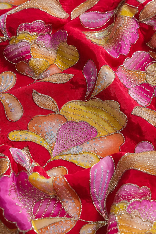 AIzaSyBcstauz-XMPRhEY21AUzeo032pxrXB5Ug - Gold Beads With Sequins Floral Positional Embroidery Work On Red Pure Crepe Fabric