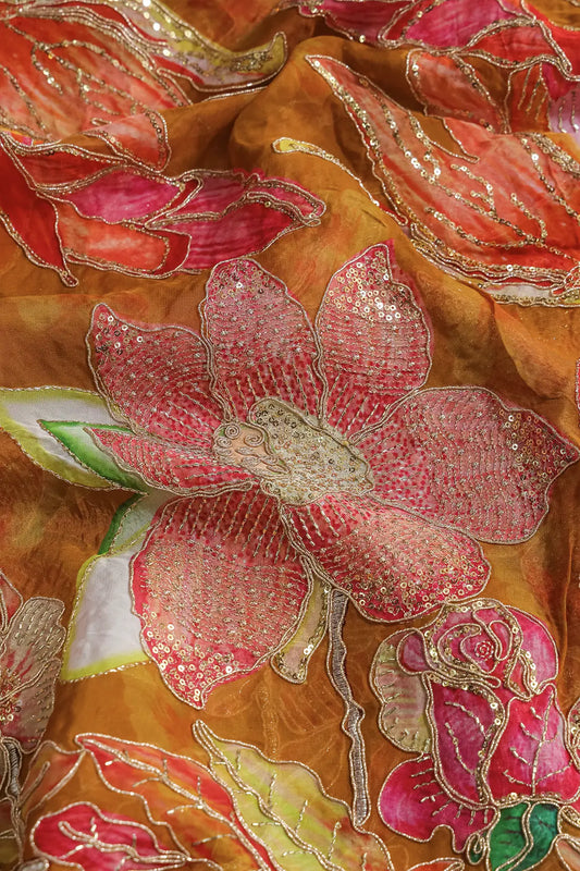 AIzaSyBcstauz-XMPRhEY21AUzeo032pxrXB5Ug - Floral Positional Print On Gold Beads Sequins With Zari Embroidery Work On Mustard Yellow Viscose Organza Fabric