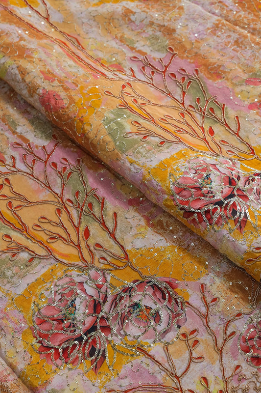 AIzaSyBcstauz-XMPRhEY21AUzeo032pxrXB5Ug - Floral Positional Print On Sequins With Zari Embroidery Work On Yellow Pure Crepe Fabric