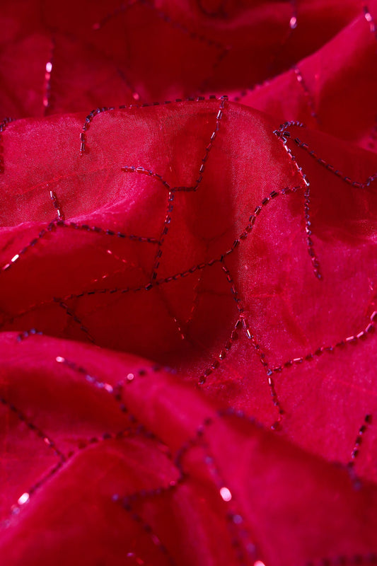 AIzaSyBcstauz-XMPRhEY21AUzeo032pxrXB5Ug - Cut Dana Beads Appealing Abstract Embroidery On Red Organza Fabric