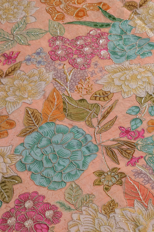 Zari with Sequins Floral Positional Print On Peach Pure Crepe Fabric