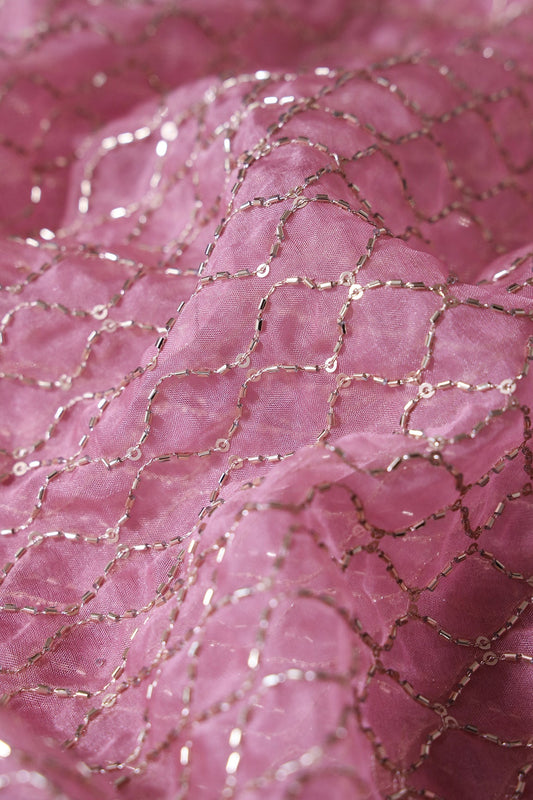 AIzaSyBcstauz-XMPRhEY21AUzeo032pxrXB5Ug - Cut Dana Beads Beautiful Ogee Embroidery On Gajri Pink Organza Fabric