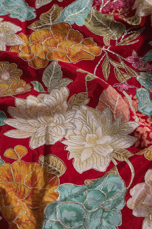 Zari with Sequins Floral Positional Print On Red Pure Crepe Fabric