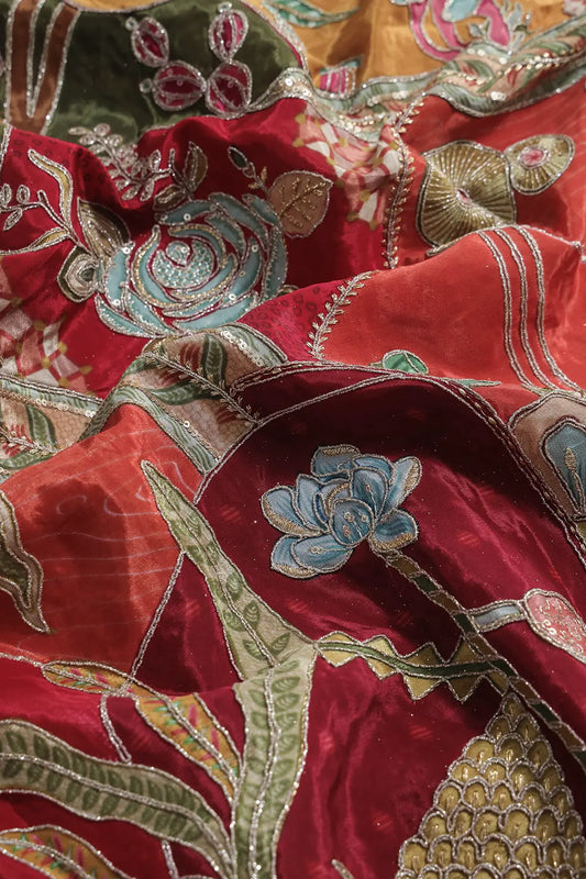 AIzaSyBcstauz-XMPRhEY21AUzeo032pxrXB5Ug - Gold Zari with Sequins Floral Positional Print On Multi Color Pure Crepe Fabric