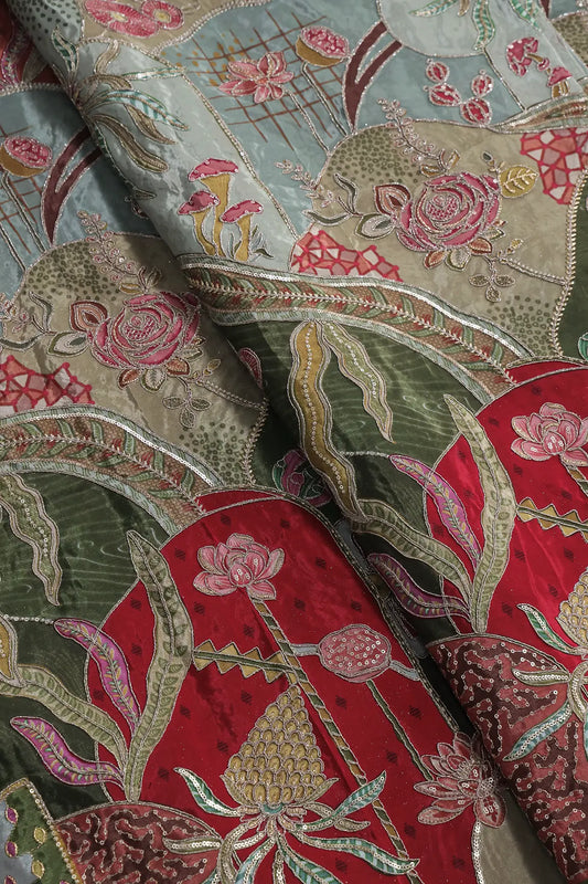 AIzaSyBcstauz-XMPRhEY21AUzeo032pxrXB5Ug - Gold Zari with Sequins Floral Positional Print On Red & Olive Pure Crepe Fabric