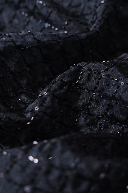 AIzaSyBcstauz-XMPRhEY21AUzeo032pxrXB5Ug - Cut Dana Beads Beautiful Ogee Embroidery On Black Organza Fabric