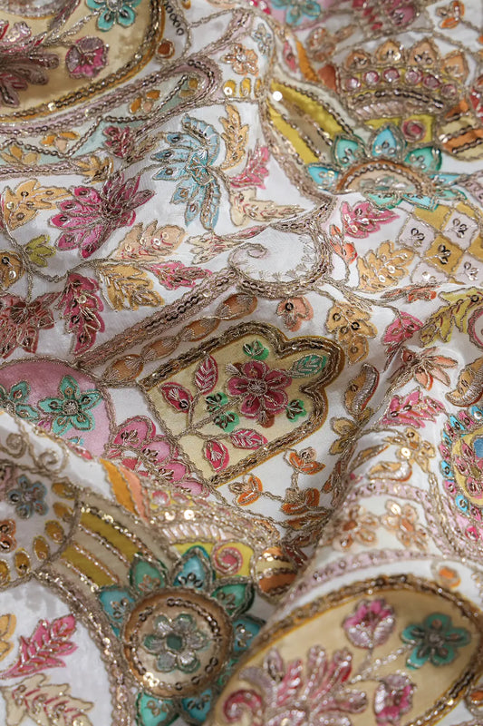 Positional Print with Zari And Sequins Floral Embroidery Work On White Pure Crepe Fabric