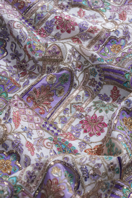 Positional Print with Zari And Sequins Floral Embroidery Work On White Pure Crepe Fabric