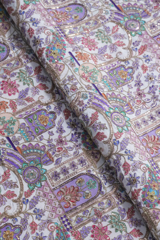Positional Print with Zari And Sequins Floral Embroidery Work On White Pure Crepe Fabric