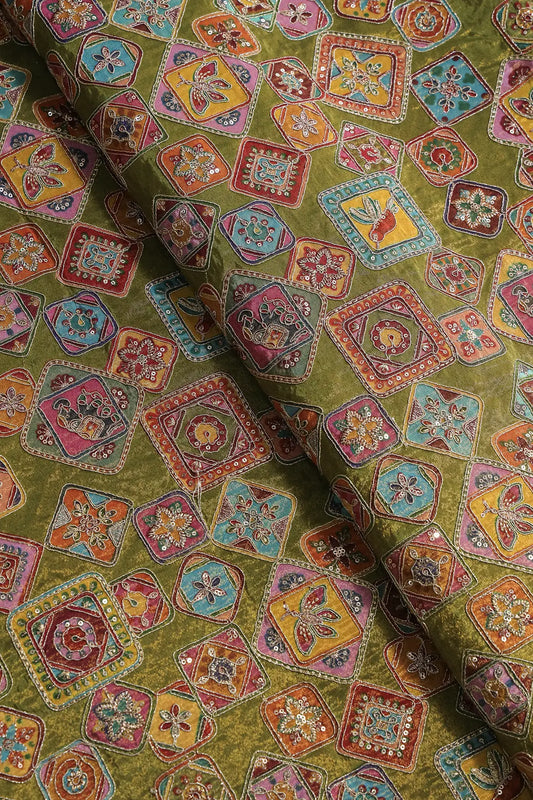 AIzaSyBcstauz-XMPRhEY21AUzeo032pxrXB5Ug - Gold Zari With Sequins Traditional Positional Print On Green Pure Viscose Zari Tissue Fabric