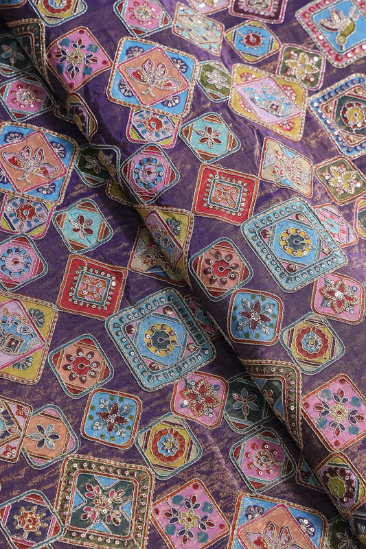 AIzaSyBcstauz-XMPRhEY21AUzeo032pxrXB5Ug - Gold Zari With Sequins Traditional Positional Print On Purple Pure Viscose Zari Tissue Fabric