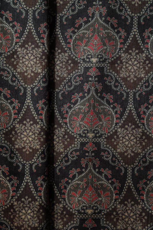 AIzaSyBcstauz-XMPRhEY21AUzeo032pxrXB5Ug - Black And Brown Traditional Pattern Digital Print On Mulberry Silk Fabric