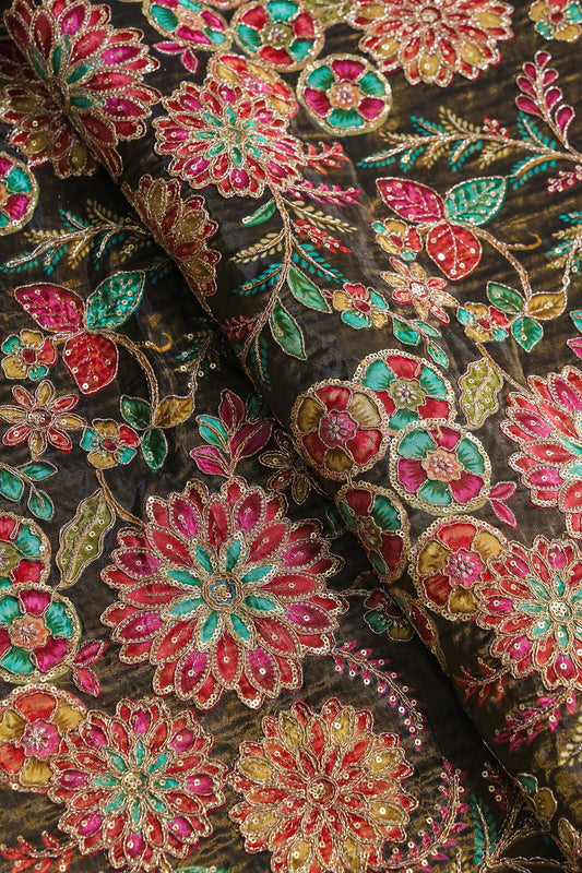 AIzaSyBcstauz-XMPRhEY21AUzeo032pxrXB5Ug - Floral Positional Print On Sequins With Zari Embroidery On Mehndi Green Viscose Zari Tissue Fabric