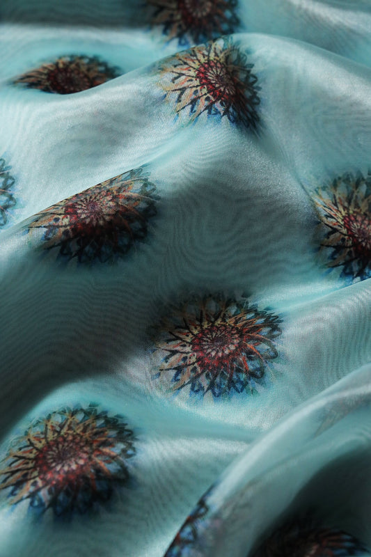 AIzaSyBcstauz-XMPRhEY21AUzeo032pxrXB5Ug - Black And Brown Traditional Pattern Digital Print On Sky Blue Organza Fabric