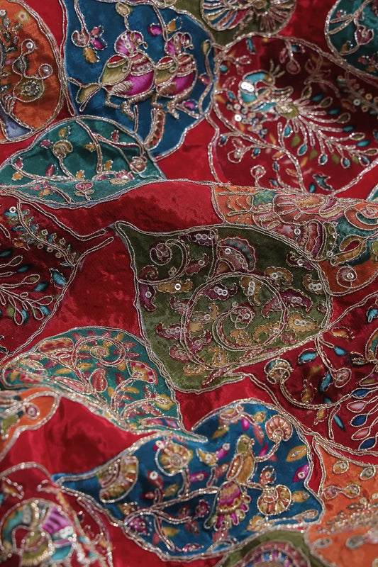 Positional Print with Zari And Sequins Heavy Embroidery Work On Red Pure Crepe Fabric