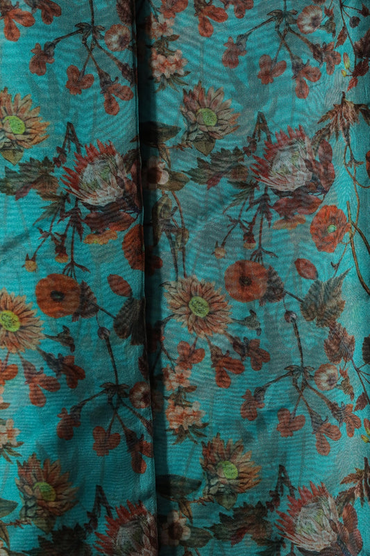 Orange Floral Pattern Digital Print On Rama Organza Fabric