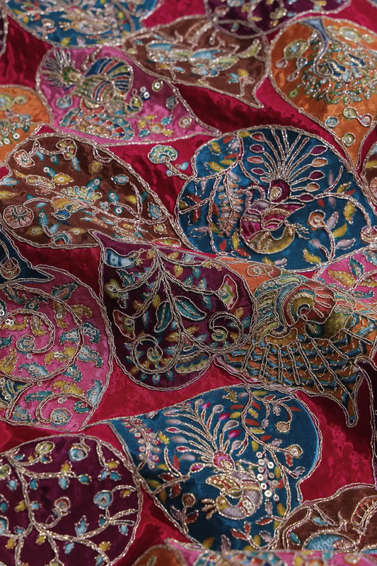 Positional Print with Zari And Sequins Heavy Embroidery Work On Fuchsia Pure Crepe Fabric