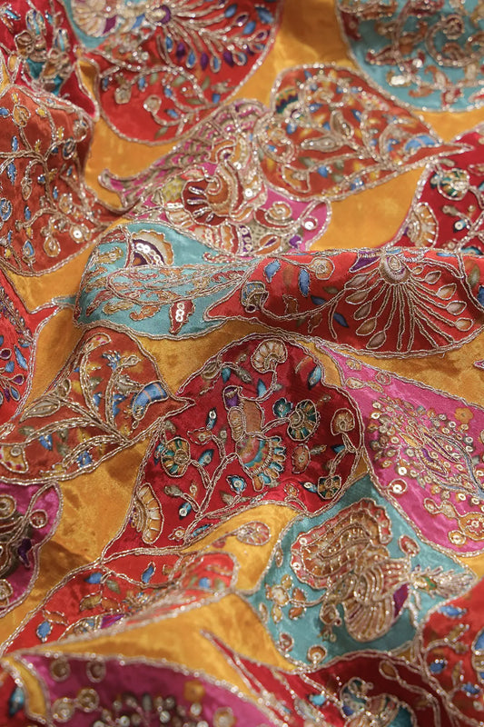 Positional Print with Zari And Sequins Heavy Embroidery Work On Yellow Pure Crepe Fabric