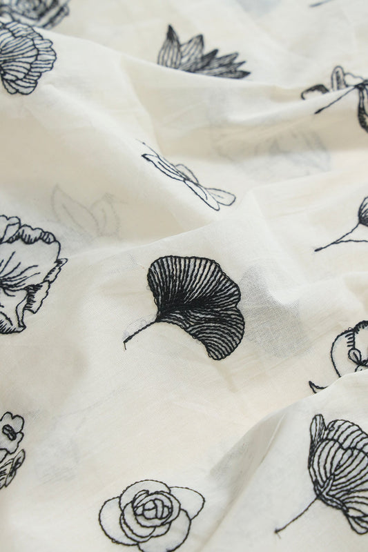 AIzaSyBcstauz-XMPRhEY21AUzeo032pxrXB5Ug - Beautiful Black Thread Floral Embroidery Work On Off White Pure Cotton Fabric