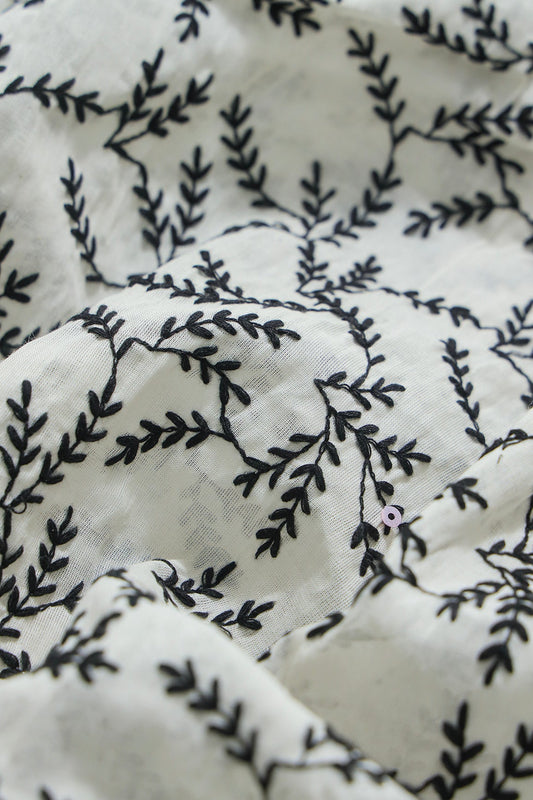 AIzaSyBcstauz-XMPRhEY21AUzeo032pxrXB5Ug - Black Thread beautiful Leafy Embroidery Work On Off White Organic Cotton Fabric