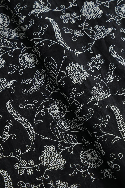 AIzaSyBcstauz-XMPRhEY21AUzeo032pxrXB5Ug - Beautiful White Thread Floral Embroidery Work On Black Pure Mul Cotton Fabric
