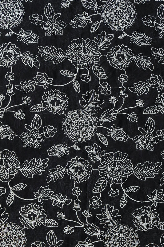 AIzaSyBcstauz-XMPRhEY21AUzeo032pxrXB5Ug - Beautiful White Thread Floral Embroidery Work On Black Pure Mul Cotton Fabric